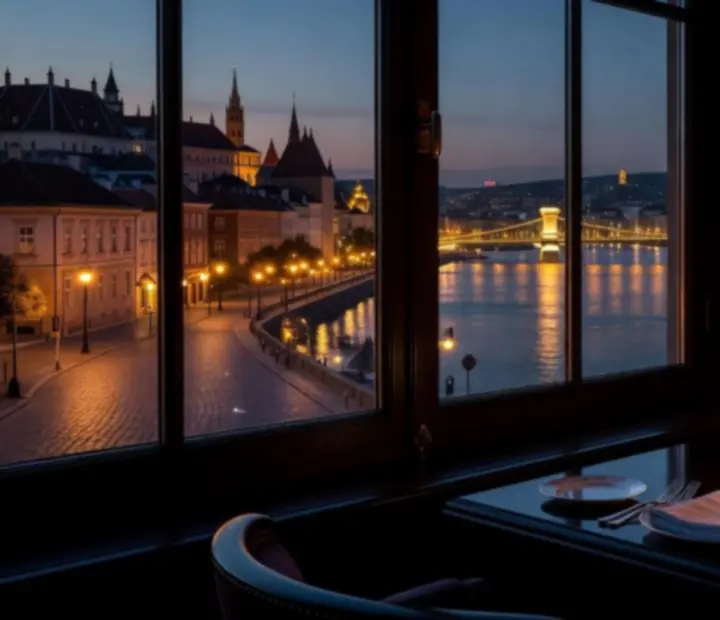 Budapest éjszakai panoráma az étterem ablakából nézve