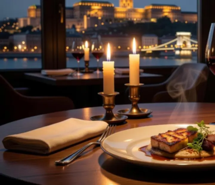 Gyertyafényes gasztronómiai részlet budapesti éjszakai panoráma fotóval