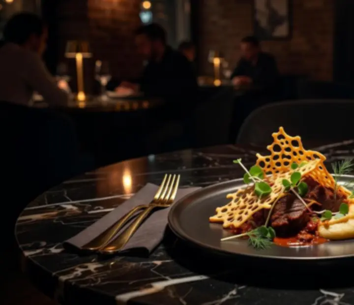 Modern magyar fine dining tálalás sötét faasztalon, borospoharakkal és gyertyafénnyel.