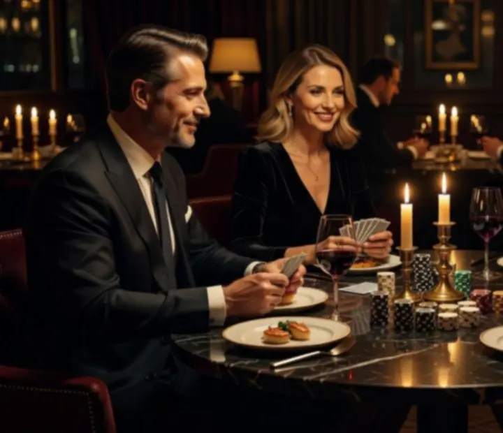 Gyertyafényes asztal elegáns kártyákkal és jelképes zsetonokkal, gourmet fogásokkal