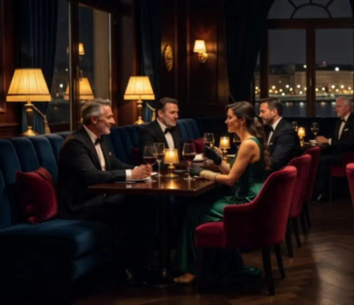 Bársonyos, sötét hangulatú vacsoraterem arany lámpákkal és elegáns asztalterítéssel